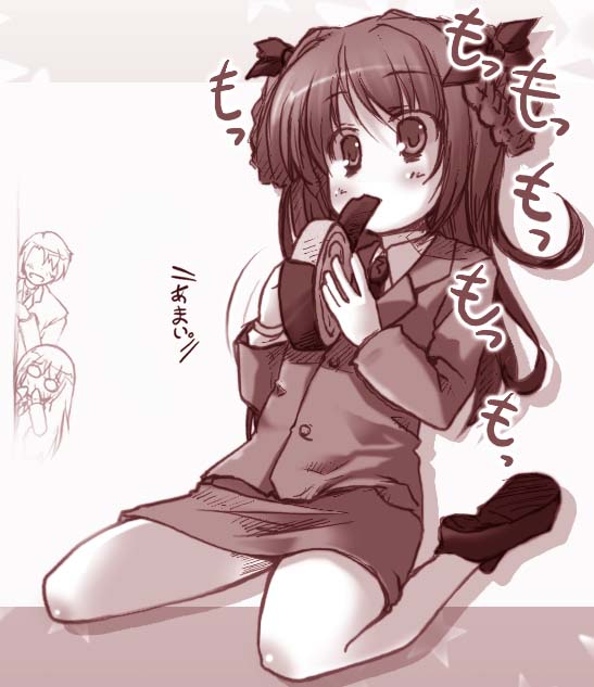 utsurogi angu, original, 1girl, blush, buttons, female focus, full body, long sleeves, military, monochrome, red theme, shoes, short hair, sitting, solo, tareme, text focus, wariza