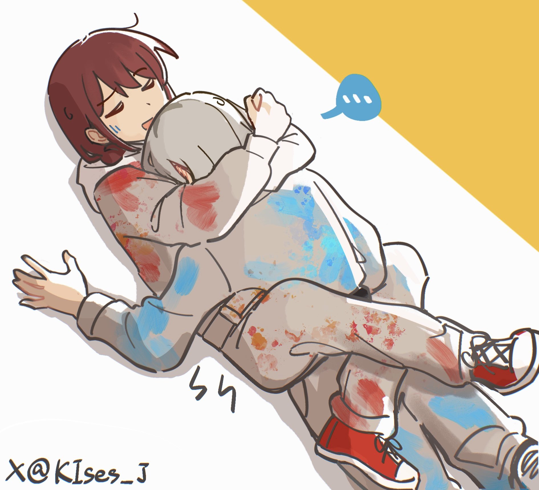 masaru (kises j), iseri nina, kawaragi momoka, girls band cry, commentary, highres, symbol-only commentary, …, 2girls, arms around neck, between legs, blush, closed eyes, ear blush, grey hair, grey jumpsuit, hug, jumpsuit, leg lock, longship, multicolored hair, multiple girls, open mouth, red hair, red shoes, roots (hair), shoes, short twintails, sneakers, spoken ellipsis, twintails, twitter username, two-tone background, white background, yellow background, yuri