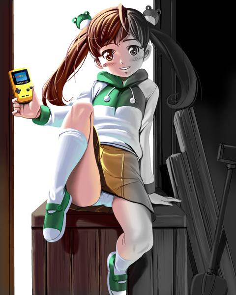 kouno (masao), nintendo, 1girl, brown eyes, brown hair, female focus, game boy, game boy color, handheld game console, hood, hoodie, legs, long hair, panties, pantyshot, playing games, raglan sleeves, shovel, skirt, solo, twintails, underwear, video game, worktool
