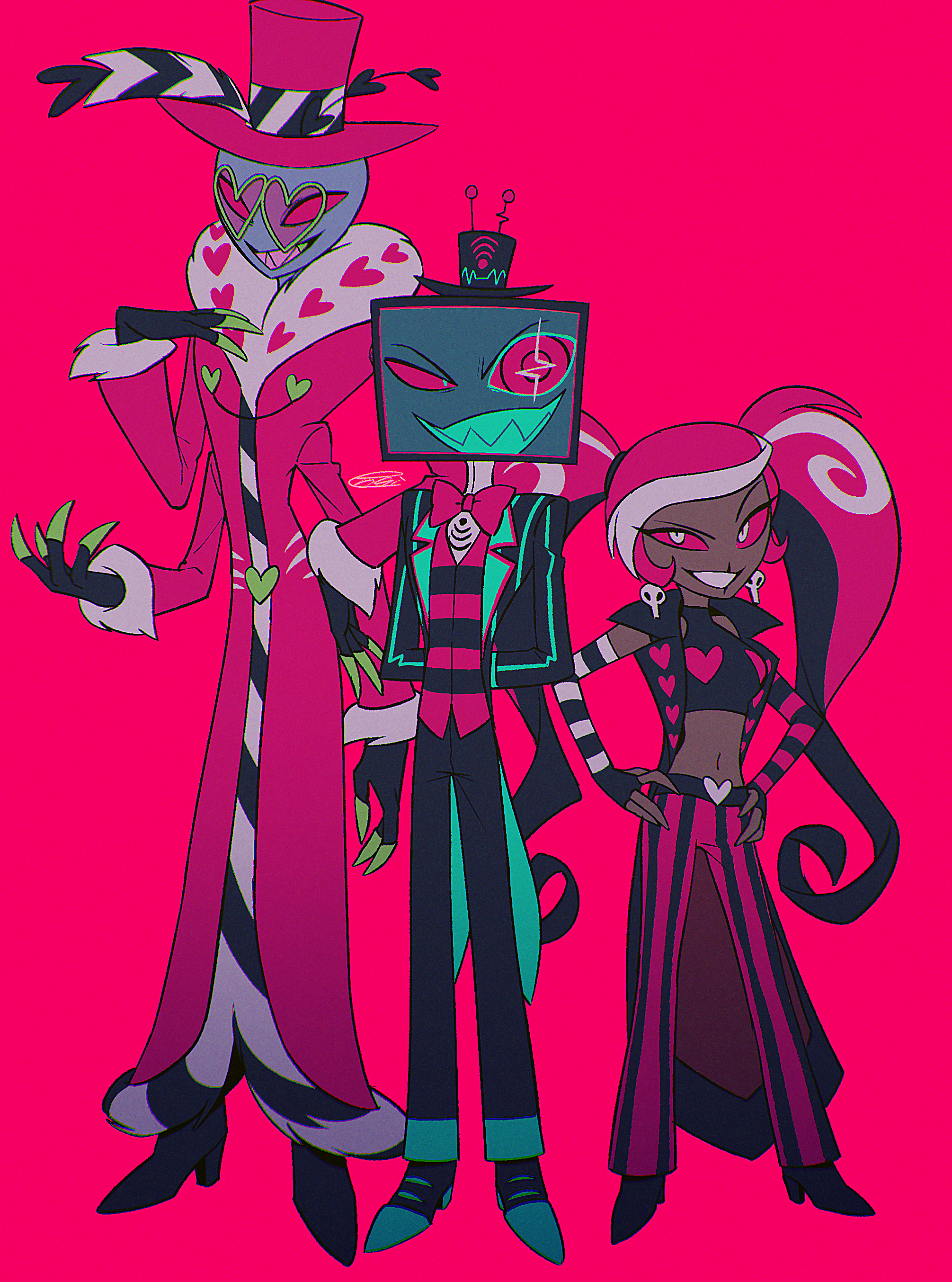 menma (enaic31), valentino (hazbin hotel), velvette (hazbin hotel), vox (hazbin hotel), hazbin hotel, hellaverse, absurdres, commentary request, highres, 1girl, 2boys, :d, aqua coat, aqua eyes, arms behind back, asymmetrical gloves, bald, belt, black belt, black boots, black coat, black gloves, black hair, black hat, black pants, black shirt, black vest, blue teeth, boots, bow, bowtie, chromatic aberration, coat, colored sclera, colored teeth, dark-skinned female, dark skin, earrings, elbow gloves, extra arms, fewer digits, film grain, fingerless gloves, full body, fur-trimmed robe, fur-trimmed sleeves, fur trim, gloves, grin, hand on own chest, hands on own hips, hat, hat feather, heart, heart-shaped eyewear, heart belt, heart print, height difference, high heel boots, high heels, jewelry, legs apart, long hair, long sleeves, midriff, mismatched gloves, multicolored coat, multicolored hair, multiple boys, navel, object head, open mouth, pants, pink-tinted eyewear, pink teeth, red background, red bow, red bowtie, red gloves, red hair, red hat, red pants, red robe, red sclera, red vest, ringed eyes, robe, sharp teeth, shirt, signature, simple background, skull earrings, sleeveless, sleeveless coat, sleeveless shirt, sleeveless turtleneck, smile, standing, streaked hair, striped clothes, striped coat, striped gloves, striped pants, striped vest, sunglasses, swept bangs, teeth, television, tinted eyewear, top hat, traditional bowtie, turtleneck, turtleneck shirt, twintails, two-sided coat, two-sided fabric, two-tone coat, two-tone gloves, two-tone pants, two-tone vest, uneven eyes, upturned eyes, v-shaped eyebrows, vertical-striped clothes, vertical-striped coat, vertical-striped pants, very dark skin, very long hair, vest, white eyes, white gloves, white hair, yellow-framed eyewear