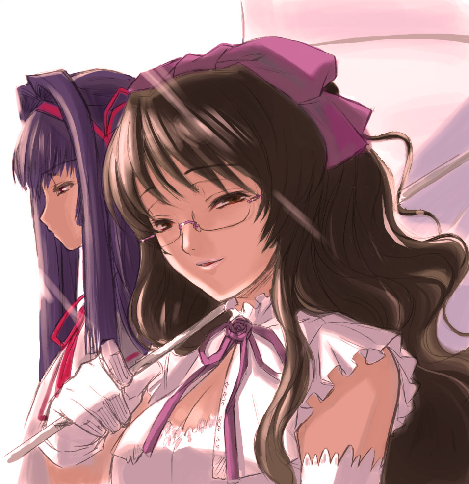 hiroe rei, brown hair, elbow gloves, glasses, gloves, hair ribbon, long hair, parasol, purple hair, ribbon, umbrella