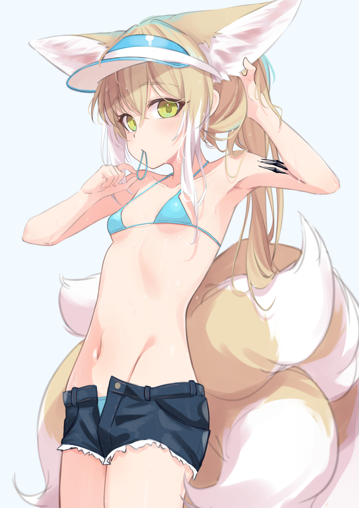 yakurope-moko, suzuran (arknights), arknights, highres, 1girl, animal ear fluff, animal ears, arms up, bikini, bikini under clothes, blonde hair, blue bikini, blue visor, breasts, cutoffs, fox ears, fox girl, fox tail, green eyes, hair tie, long hair, midriff, mouth hold, multiple tails, navel, short shorts, shorts, small breasts, solo, stomach, swimsuit, tail, tying hair, unbuttoned, visor cap