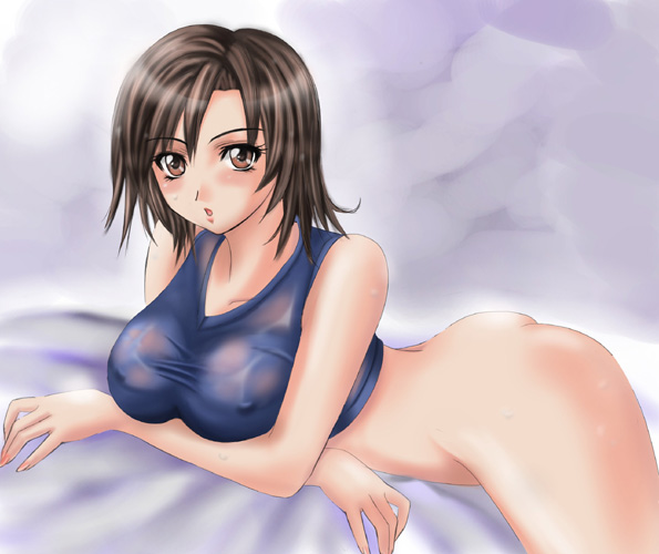 1041 (toshikazu), kazama asuka, namco, tekken, 1girl, ass, bottomless, bra, breasts, brown eyes, brown hair, female focus, large breasts, lingerie, see-through clothes, solo, underwear, wet, wet clothes