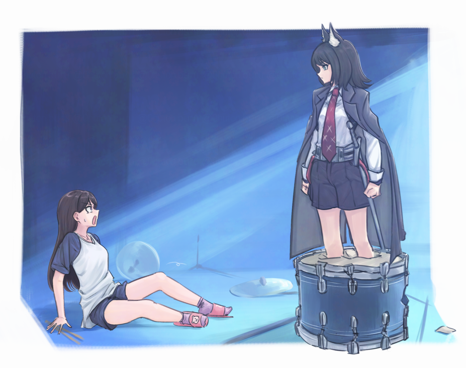 tomare (akashingou), shiina taki, yahata umiri, arknights, bang dream!, bang dream! it's mygo!!!!!, commentary request, highres, 2girls, animal ears, black coat, black hair, black shorts, blue eyes, blue shorts, coat, coat on shoulders, medium hair, multiple girls, necktie, open mouth, pink shorts, red necktie, shirt, shorts, slippers, sword, weapon, white shirt, wolf ears, wolf girl, yahata umiri (moonlight executioner)