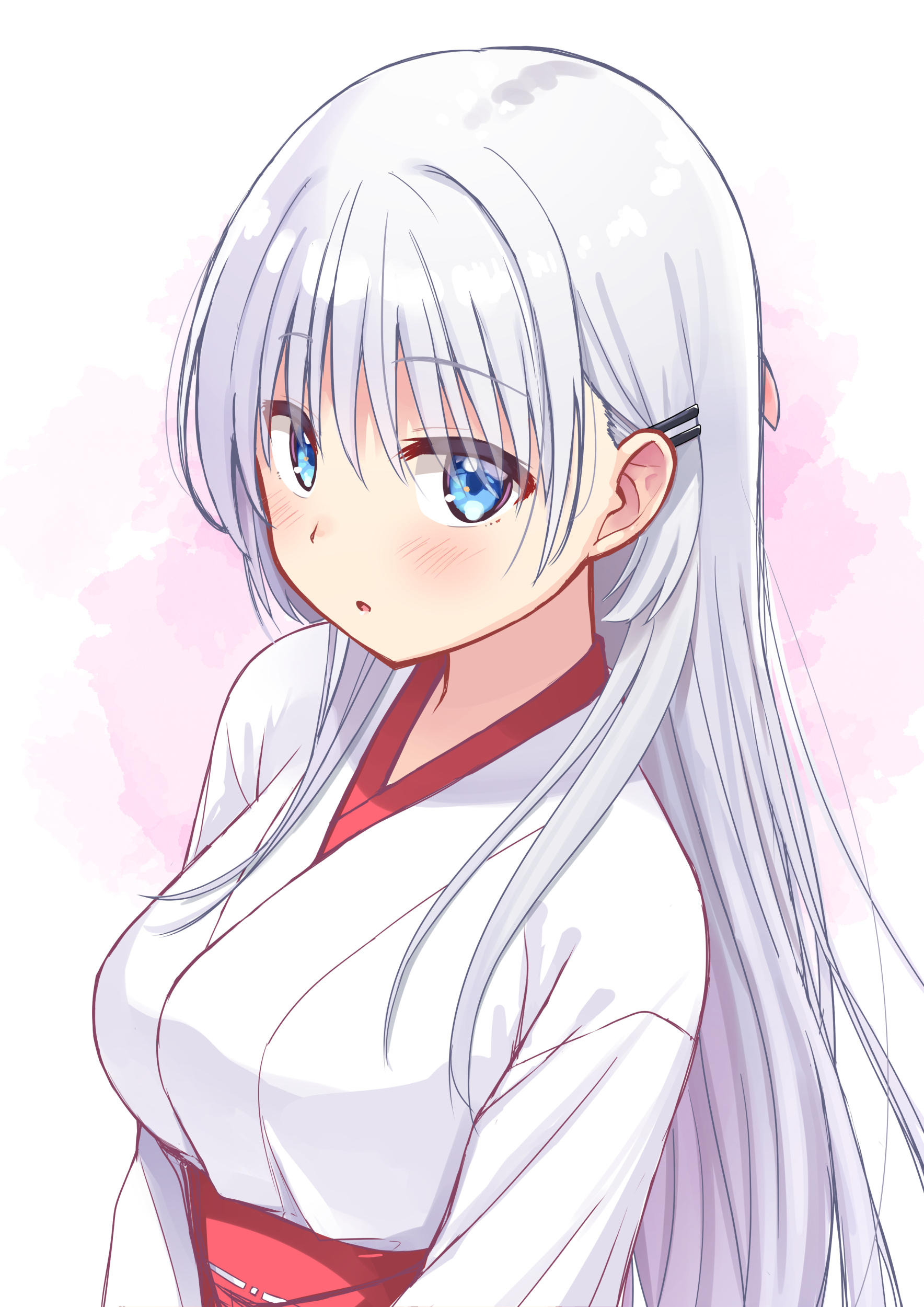 tenjou ryuka, naruse shiroha, summer pockets, absurdres, clip studio paint (medium), highres, making-of available, variant set, 1girl, arms at sides, blue eyes, blunt ends, blush, breasts, eyes visible through hair, hair behind ear, hair between eyes, hair ornament, hairclip, hakama, japanese clothes, kimono, large breasts, long hair, long sleeves, looking at viewer, miko, official alternate costume, open mouth, parallel hairclips, red hakama, sidelocks, simple background, solo, straight hair, upper body, very long hair, white background, white hair, white kimono, wide sleeves