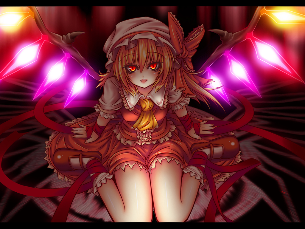 suzuneko (yume no kyoukai), flandre scarlet, touhou, bad id, bad pixiv id, 1girl, arm ribbon, arm support, blonde hair, bow, dress, eyelashes, female focus, glowing, glowing eyes, hat, letterboxed, lips, mary janes, mob cap, open mouth, orange eyes, red eyes, ribbon, shoes, sitting, slit pupils, solo, wariza, wings