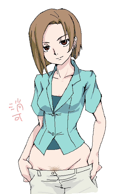 fever-san, kinue crossroad, gundam, gundam 00, 00s, 1girl, brown hair, clothes pull, earrings, female focus, female pubic hair, jewelry, no panties, pants, pants pull, pubic hair, pulling own clothes, short hair, smile, solo, undressing
