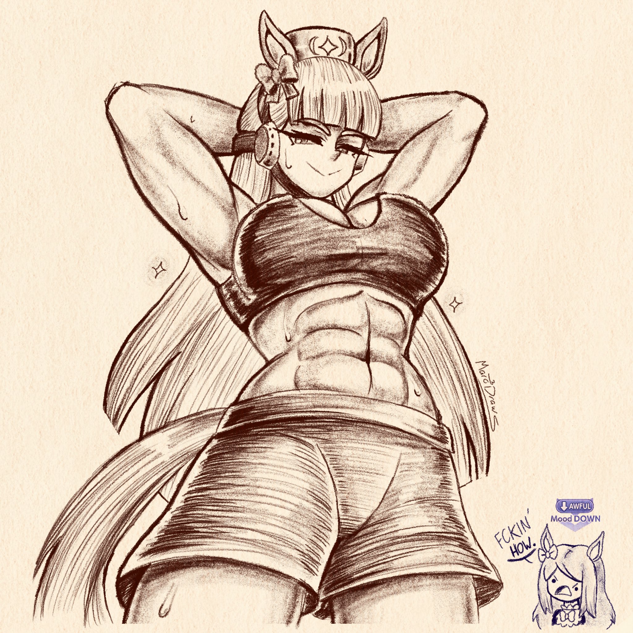 marodraws, gold ship (umamusume), mejiro mcqueen (umamusume), umamusume, highres, 2girls, abs, alternate costume, animal ears, arms behind head, arms up, blunt bangs, bow, breasts, chibi, closed mouth, english text, greyscale, hair bow, horse ears, horse girl, horse tail, large breasts, long hair, looking at another, looking at viewer, monochrome, multiple girls, muscular, muscular female, profanity, shorts, smile, speech bubble, sports bra, sweat, tail