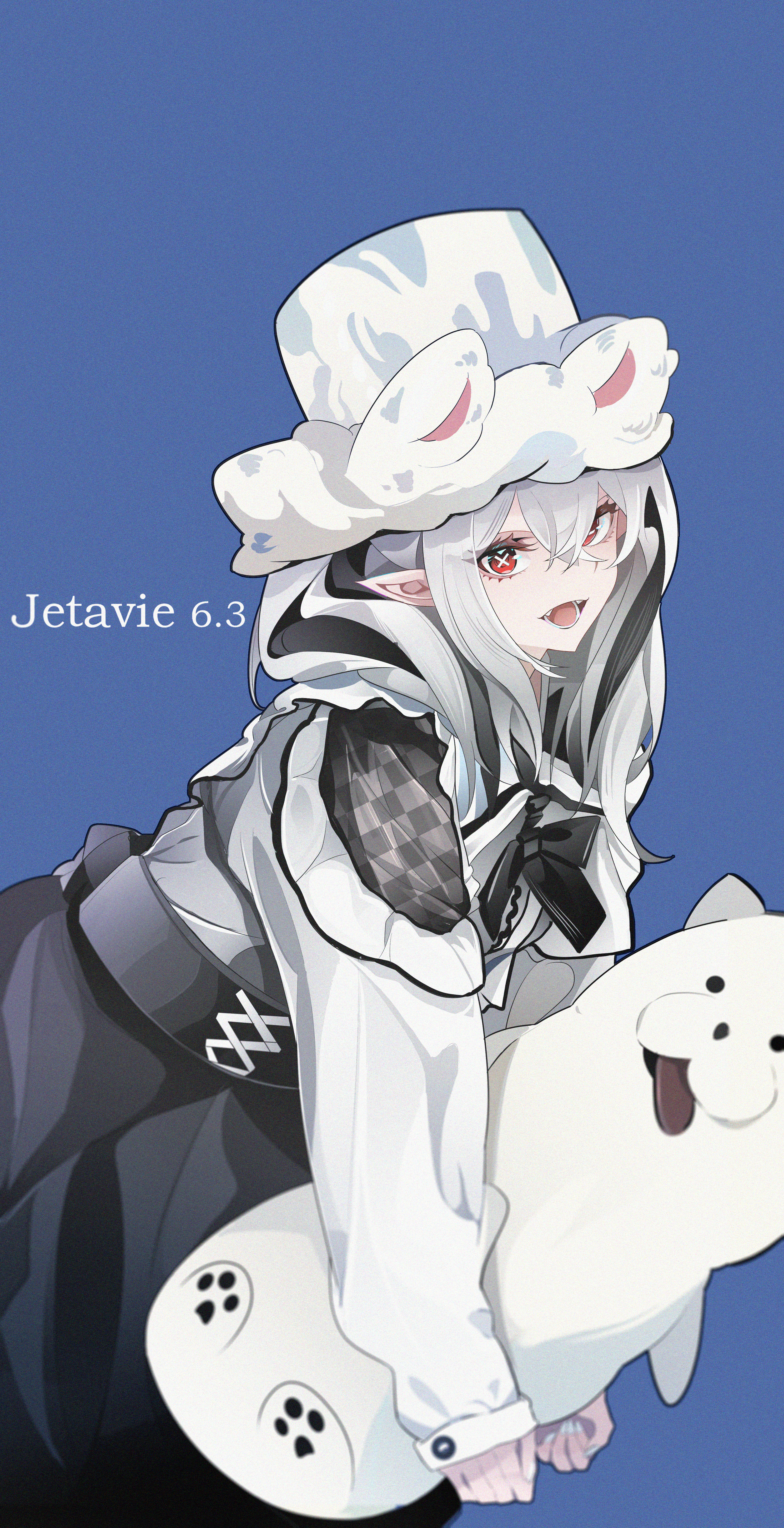 fley-lan, jetavie (pgr), punishing: gray raven, absurdres, highres, alternate costume, animal ear headwear, black hair, character name, dated, fake animal ears, fangs, grey hair, hair between eyes, long pointy ears, multicolored hair, open mouth, pointy ears, red eyes, sidelocks, slit pupils, streaked hair, stuffed toy, symbol-shaped pupils, x-shaped pupils