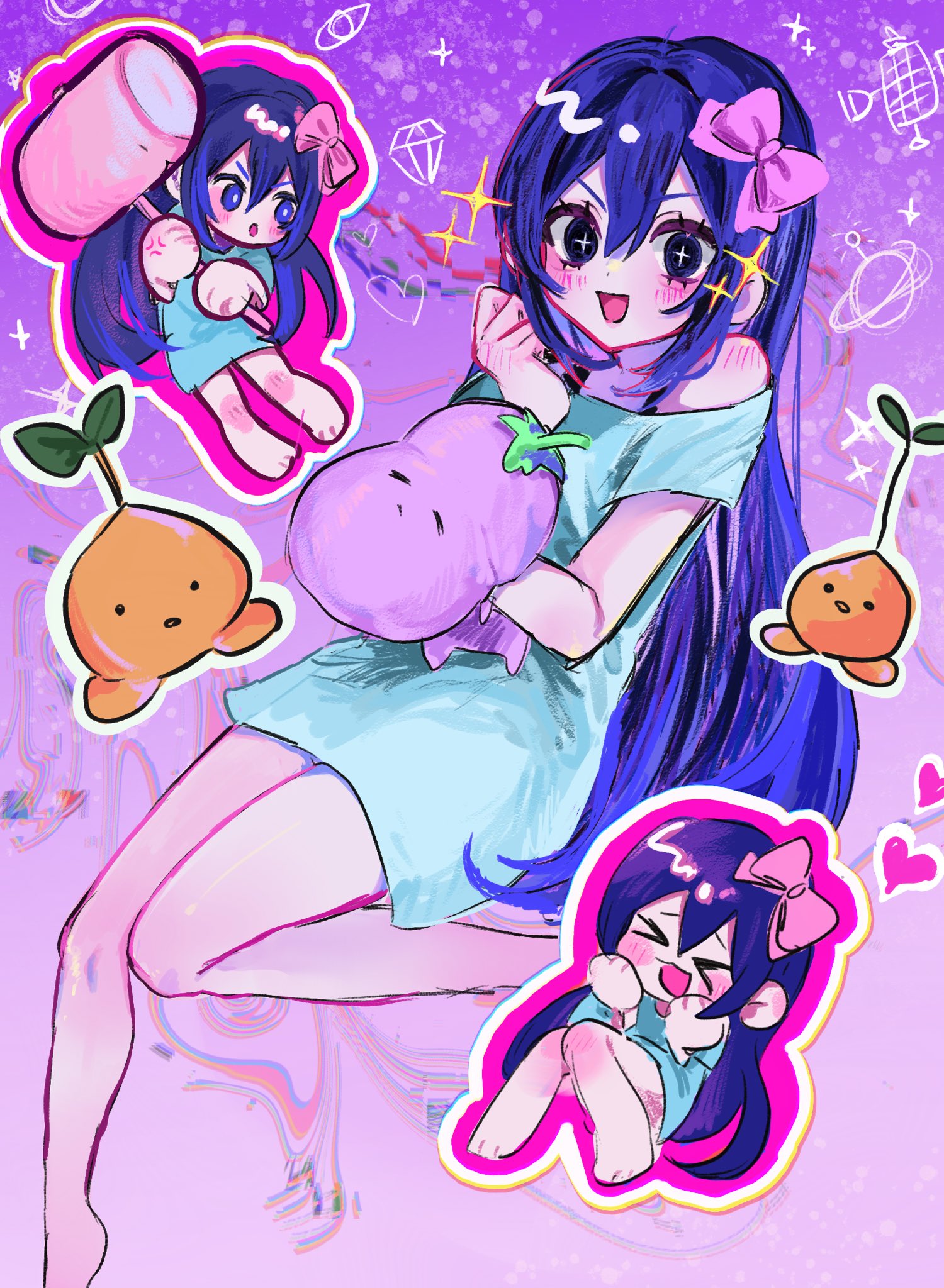osakana tarou (sakana0 03), aubrey (headspace) (omori), aubrey (omori), mr. plantegg (omori), sprout mole, omori, highres, > <, + +, 1girl, alternate eye color, barefoot, black eyes, blue shirt, bow, chibi, closed eyes, colored skin, double-parted bangs, hair bow, hammer, heart, holding, holding hammer, holding stuffed toy, long hair, long shirt, open mouth, pink bow, purple eyes, shirt, short sleeves, solo, stuffed eggplant, stuffed toy, t-shirt, white skin