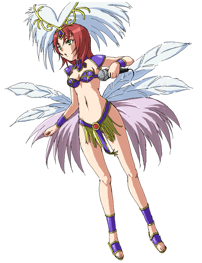 yuuki nao, my-hime, 00s, 1girl, breasts, feathers, female focus, green eyes, karaoke, medium breasts, microphone, midriff, navel, red hair, samba, solo