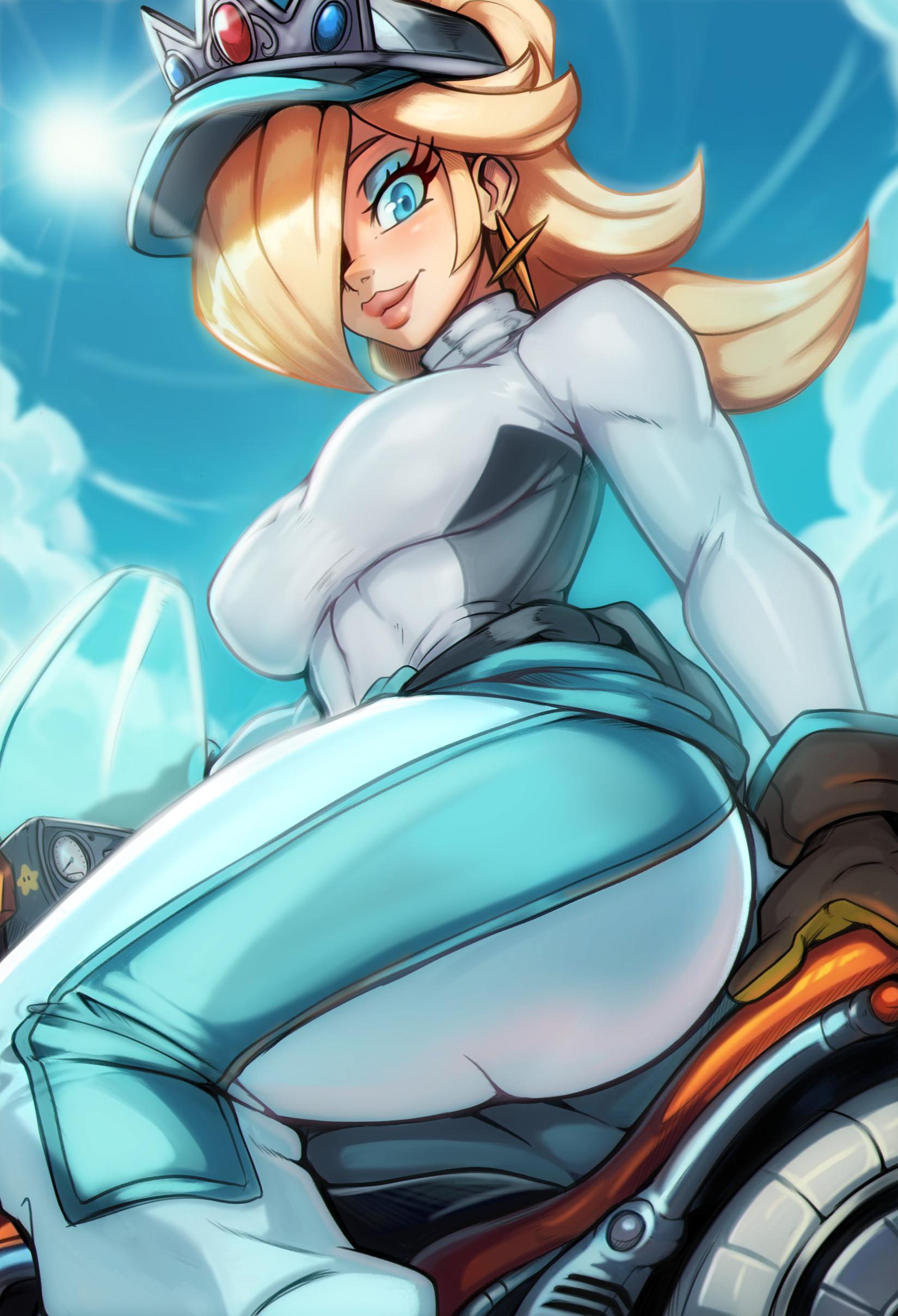 reliusmax, rosalina, rosalina (pro racer), mario (series), mario kart, mario kart world, nintendo, absurdres, highres, baseball cap, blonde hair, blue eyes, blue sky, breasts, closed mouth, clothes around waist, day, earrings, eyelashes, from below, gloves, hair over one eye, hat, jewelry, motor vehicle, motorcycle, on motorcycle, shirt, sitting, sky, smile, star (symbol), star earrings, tight clothes, tight shirt