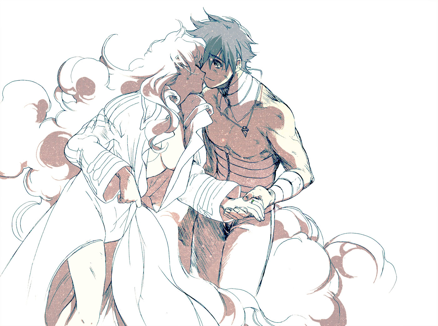 kanke (yonkuma), nia teppelin, simon (ttgl), tengen toppa gurren lagann, bad id, bad pixiv id, 00s, 1boy, 1girl, bandaged arm, bandaged neck, bandages, couple, hetero, holding hands, jewelry, long hair, necklace, simple background, standing, topless male, very long hair, white background