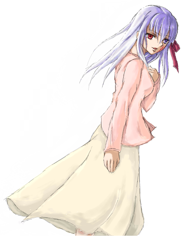dark sakura, matou sakura, fate/stay night, fate (series), light purple hair, 00s, 1girl, blouse, brown eyes, contemporary, dutch angle, female focus, long hair, long sleeves, looking at viewer, shirt, simple background, skirt, solo, white skirt