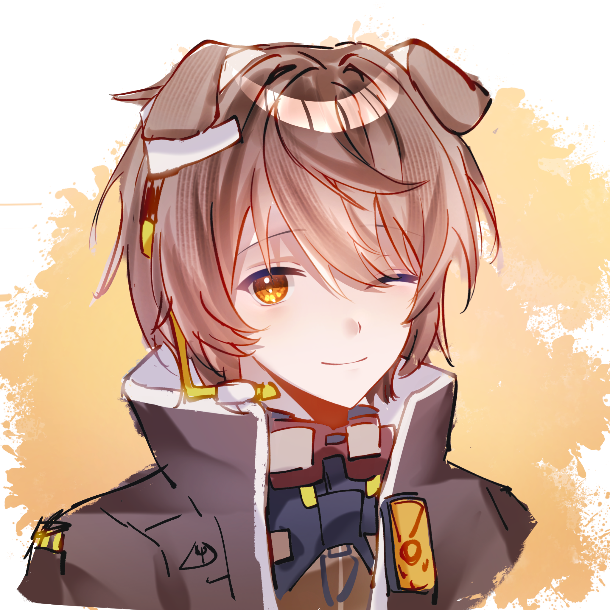 greyy (arknights), greyy the lightningbearer (arknights), arknights, highres, 1boy, animal ears, brown hair, brown jacket, close-up, collar, collared coat, collared jacket, dog boy, dog ears, goggles, goggles around neck, jacket, light smile, male focus, one eye closed, short-sleeved jacket, short hair, short sleeves, splatter background, yellow eyes