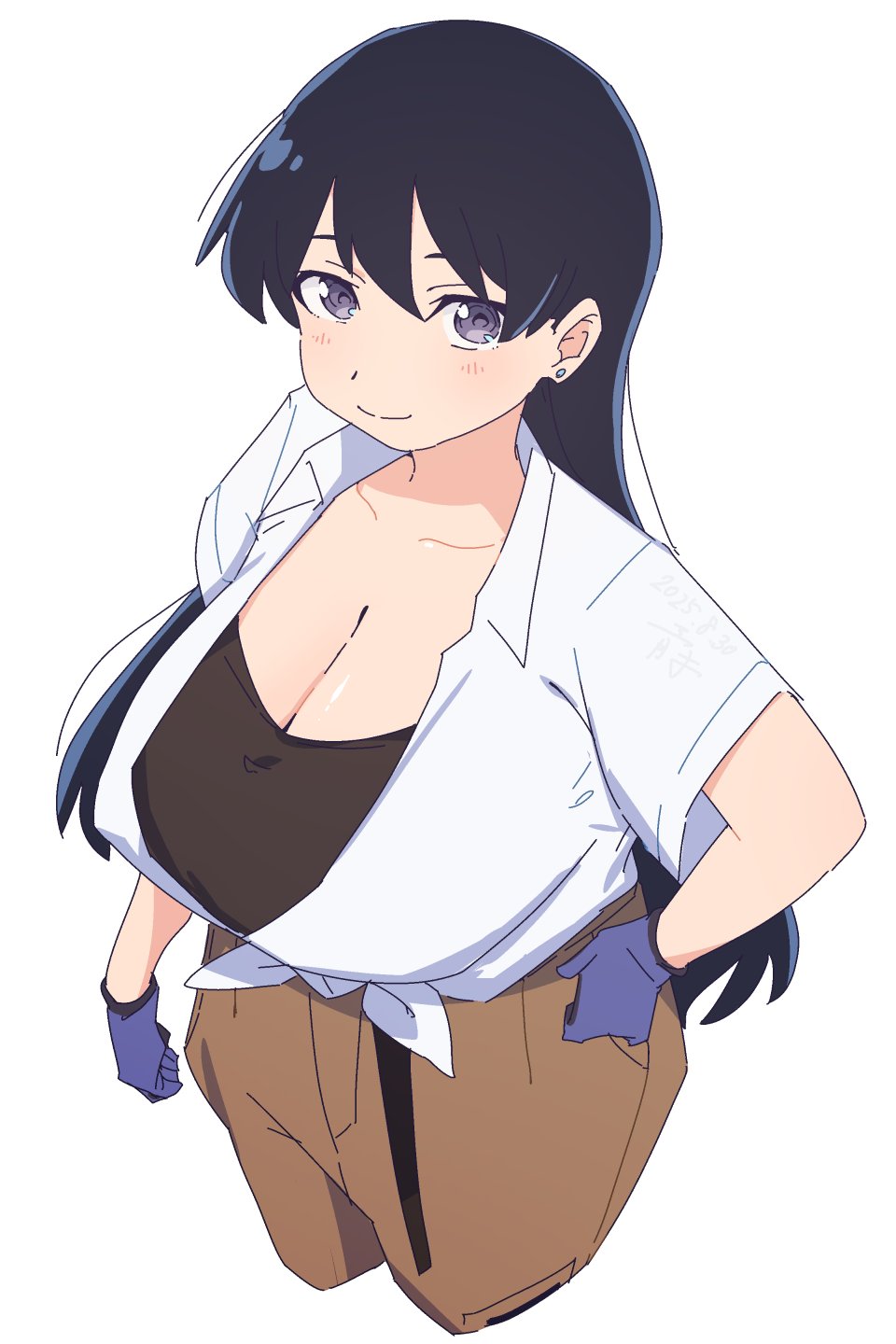 bluearcadegames, arato nagi, ruri no houseki, highres, 1girl, black hair, black shirt, blue gloves, breasts, brown pants, cleavage, closed mouth, collared shirt, cropped legs, earrings, from above, gloves, hand on own hip, jewelry, large breasts, long hair, looking at viewer, pants, purple eyes, shirt, short sleeves, simple background, smile, solo, stud earrings, tied shirt, undershirt, white background, white shirt, work gloves