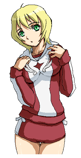 yakibuta, erstin ho, my-otome, md5 mismatch, 00s, 1girl, :o, blonde hair, buruma, cowboy shot, female focus, green eyes, gym uniform, head tilt, long sleeves, oekaki, short hair, solo, thigh gap, white background