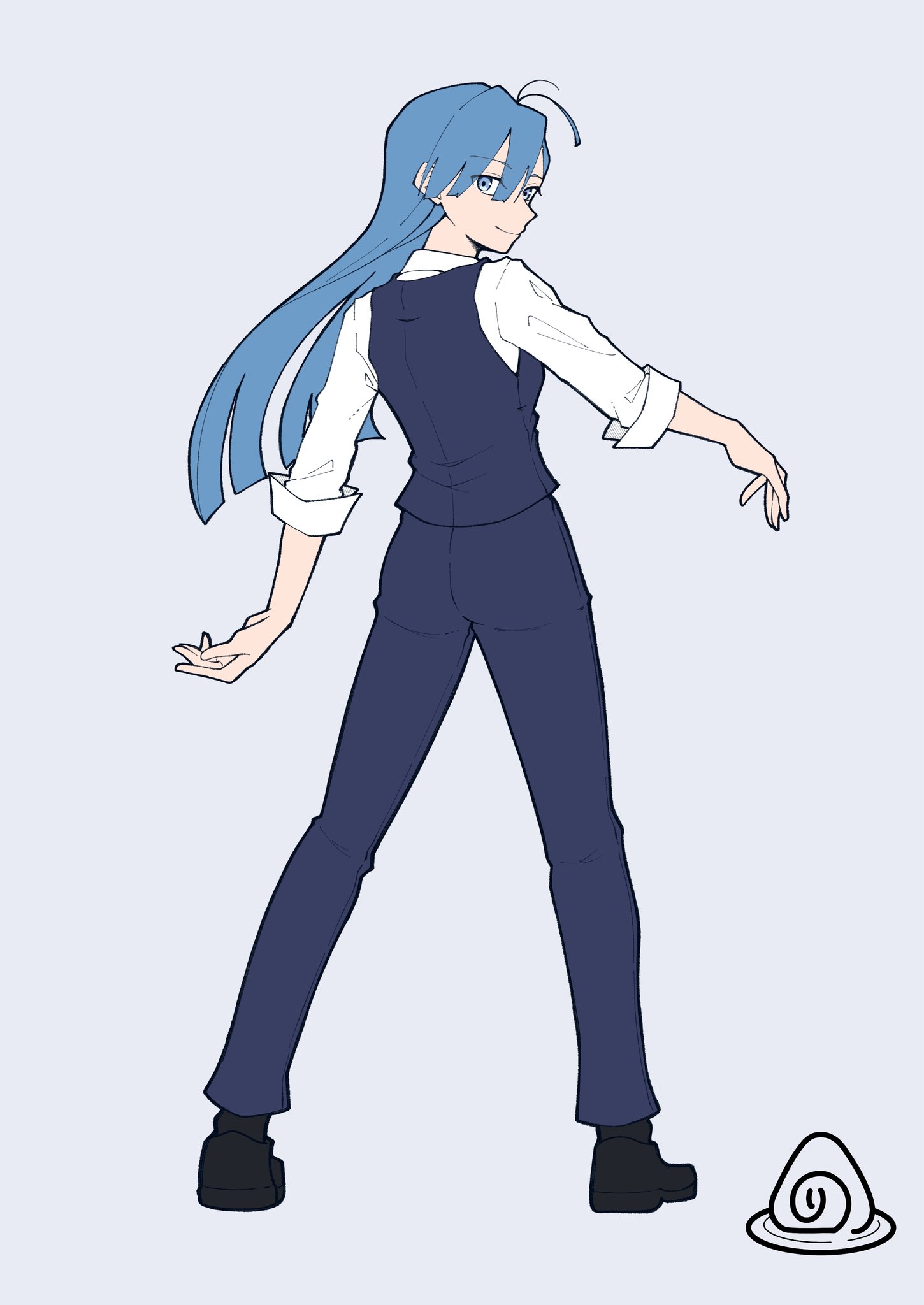 nori (norinori yrl), merry (ado), ado (utaite), readymade (ado), commentary request, highres, 1girl, ahoge, black shoes, blue eyes, blue hair, blue pants, blue vest, from behind, grey background, hair between eyes, long hair, looking at viewer, pants, shirt, shoes, simple background, solo, standing, vest, white shirt