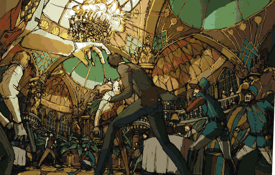 gecco, hirasawa geko, uniform, bad id, bad pixiv id, 1boy, 1girl, chandelier, explosion, hat, male focus, plant, police
