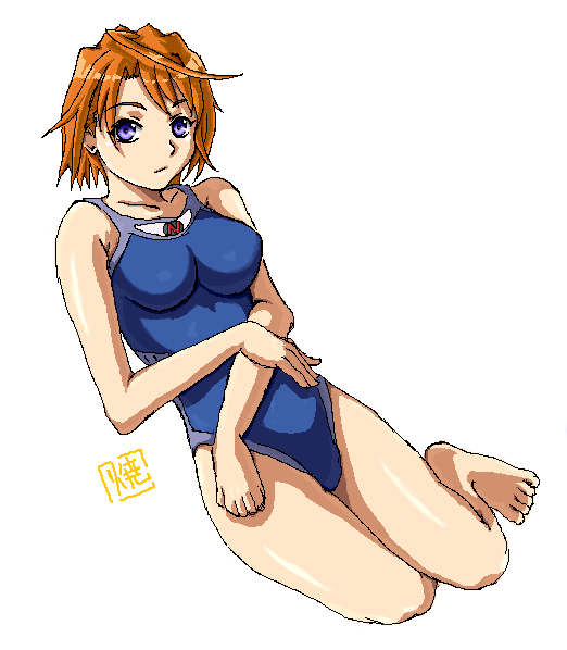 tokiha mai, my-hime, 00s, 1girl, barefoot, blue one-piece swimsuit, breasts, female focus, full body, impossible clothes, large breasts, one-piece swimsuit, orange hair, purple hair, short hair, simple background, solo, swimsuit, white background