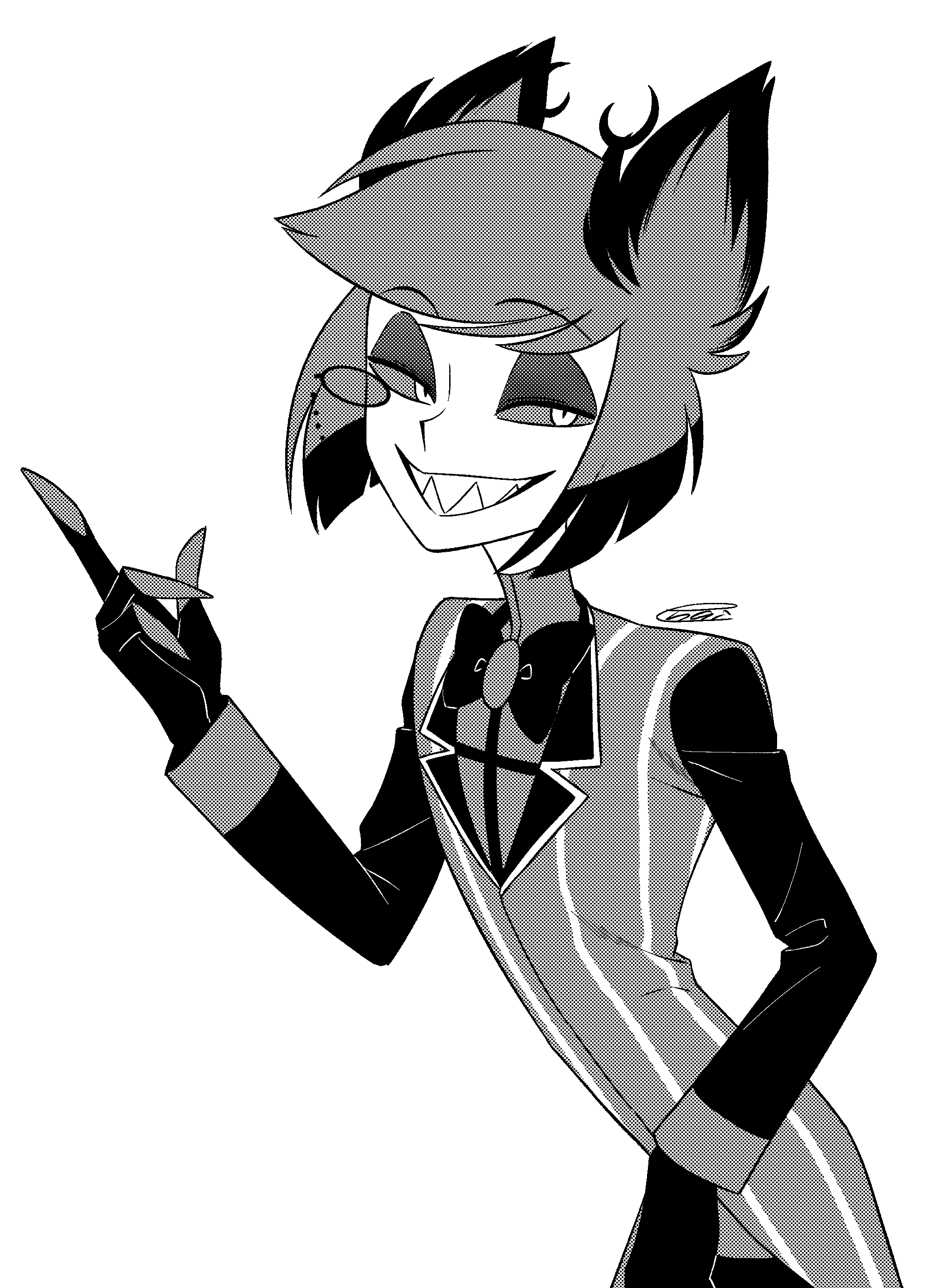 menma (enaic31), alastor (hazbin hotel), hazbin hotel, hellaverse, absurdres, commentary request, highres, 1boy, :d, antlers, bob cut, bow, bowtie, coat, colored sclera, colored tips, cowboy shot, deer antlers, eyeshadow, fewer digits, greyscale, grin, hair horns, half-closed eyes, halftone, horns, index finger raised, lapels, leaning forward, long sleeves, looking at viewer, makeup, male focus, monochrome, monocle, multicolored hair, notched lapels, open mouth, sharp teeth, shirt, short hair, signature, simple background, smile, solo, standing, striped coat, swept bangs, teeth, traditional bowtie, two-tone hair, vertical-striped coat, white background