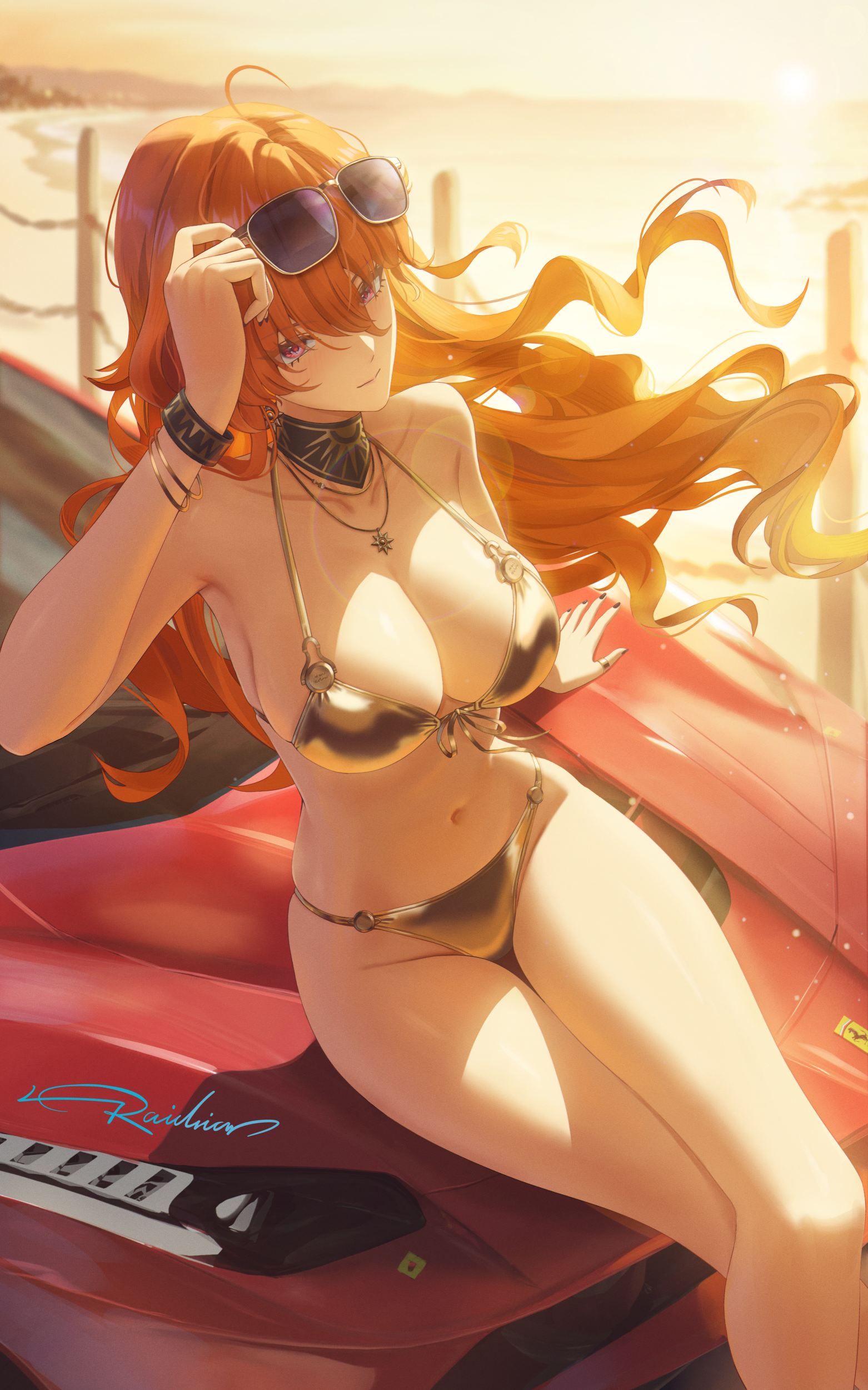 raidriar 18, augusta (wuthering waves), wuthering waves, absurdres, commentary, english commentary, highres, 1girl, alternate costume, bare legs, bare shoulders, bikini, black collar, black nails, bracelet, breasts, cleavage, closed mouth, collar, collarbone, crossed legs, eyewear on head, gold bikini, halterneck, hand up, jewelry, large breasts, legs, long hair, looking at viewer, nail polish, navel, orange hair, red eyes, signature, smile, solo, stomach, string bikini, sun necklace, sunglasses, swimsuit, thigh gap, wind