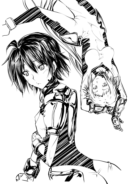 boshi (a-ieba), boshinote, nove (nanoha), numbers (nanoha), lyrical nanoha, mahou shoujo lyrical nanoha, mahou shoujo lyrical nanoha strikers, bad id, bad pixiv id, 00s, 1girl, ahoge, arms up, bodysuit, dress, expressionless, greyscale, monochrome, puffy short sleeves, puffy sleeves, short hair, short sleeves, simple background, upper body, upside-down, white background