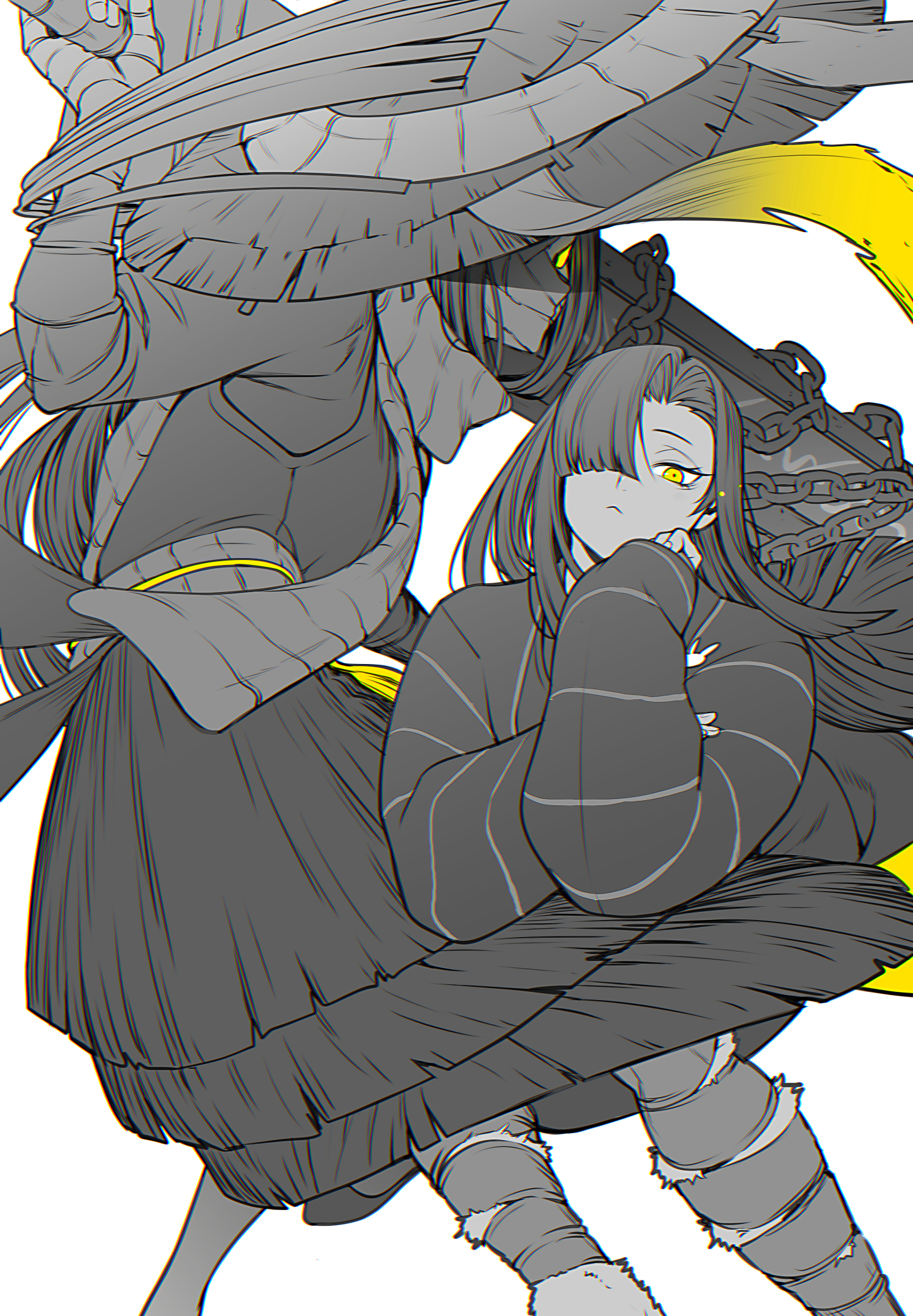 maki maki (makimakipoipoi), zilu (project moon), limbus company, project moon, commentary, english commentary, highres, 2girls, :<, bandages, chain, conical hat, dual persona, feet out of frame, hair over one eye, holding, holding sword, holding weapon, long hair, long sleeves, looking at viewer, multiple girls, scarf, sheath, sheathed, simple background, spot color, sword, weapon, white background, yellow eyes