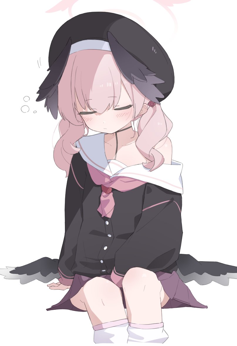 tntl nemui, koharu (blue archive), blue archive, 1girl, beret, black hat, black serafuku, black wings, blush, closed eyes, feathered wings, halo, hat, head wings, long hair, long sleeves, low wings, neckerchief, pink hair, pink halo, pink neckerchief, sailor collar, school uniform, serafuku, shirt, simple background, single off shoulder, sitting, skirt, sleeping, sleeves past wrists, solo, twintails, white background, white sailor collar, wings