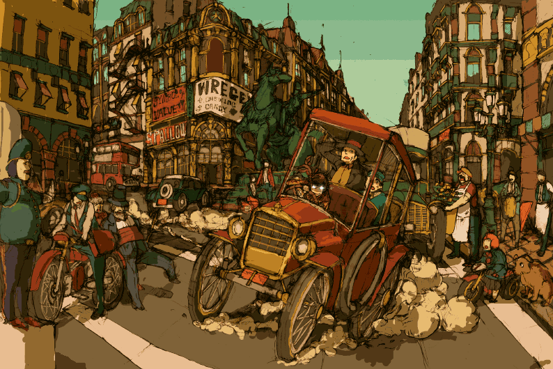 gecco, hirasawa geko, aroma reinford, hershel layton, laytonmobile, luke triton, level-5, professor layton, bad id, bad pixiv id, 00s, 2girls, 6+boys, building, car, child, city, dog, hat, landscape, motor vehicle, motorcycle, multiple boys, multiple girls, police, road, scenery, statue, street, top hat, traffic, vanishing point