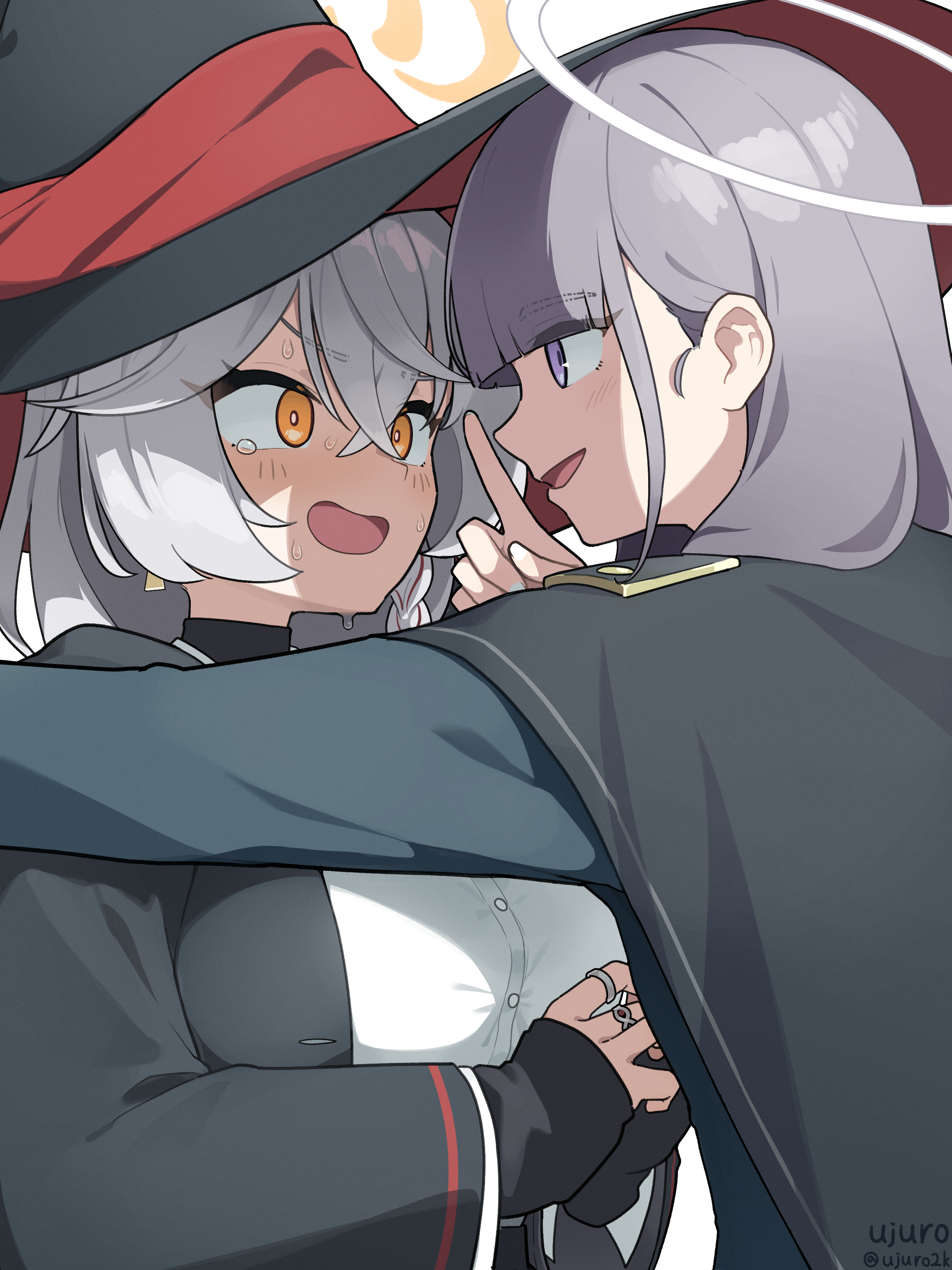 ujuro, eri (blue archive), blue archive, absurdres, commentary request, highres, korean commentary, 2girls, black cape, black jacket, blunt bangs, breasts, cape, dress shirt, flustered, grey hair, halo, hat, jacket, kabedon, large breasts, large hat, light blush, long hair, multiple girls, purple eyes, shirt, simple background, sweatdrop, tearing up, upper body, white shirt, witch hat, yuri
