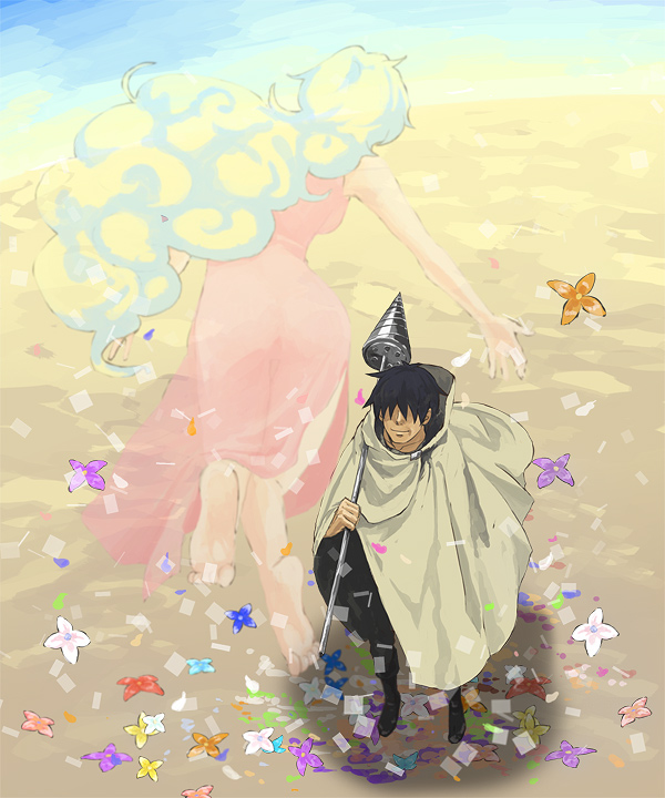 saka 28, nia teppelin, simon (ttgl), tengen toppa gurren lagann, bad id, bad pixiv id, 00s, 1boy, 1girl, barefoot, black hair, blonde hair, blue hair, cape, curly hair, dress, drill, floating, from behind, full body, long hair, multicolored hair, outstretched arms, pink dress, polearm, soles, spear, standing, toes, two-tone hair, very long hair, weapon