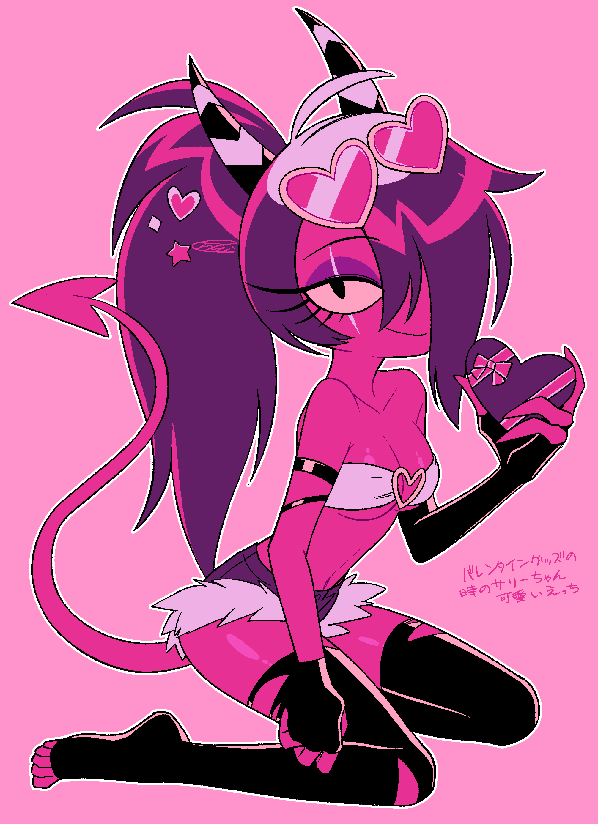 menma (enaic31), sallie may (helluva boss), hellaverse, helluva boss, absurdres, commentary request, highres, translation request, 1girl, ahoge, asymmetrical gloves, bare arms, bare shoulders, bikini, bikini top only, black eyes, black gloves, black horns, black thighhighs, bow, box, breasts, cleavage, closed mouth, colored sclera, colored skin, demon girl, demon horns, demon tail, denim, denim shorts, elbow gloves, eyewear on head, fewer digits, fingerless gloves, full body, fur-trimmed shorts, fur trim, gloves, hair ornament, hair over one eye, hand up, heart, heart-shaped box, heart-shaped eyewear, heart hair ornament, high ponytail, holding, holding box, horns, long hair, looking at viewer, lower eyelashes only, micro shorts, mismatched gloves, multicolored hair, multicolored horns, one eye covered, outline, pink-tinted eyewear, pink bow, pink skin, pink tail, ponytail, purple hair, purple shorts, roots (hair), scar, scar across eye, scar on face, shorts, single elbow glove, sitting, small breasts, smile, solo, star (symbol), star hair ornament, strapless, strapless bikini, striped horns, sunglasses, swimsuit, tail, thighhighs, tinted eyewear, toeless legwear, toes, torn clothes, torn thighhighs, two-tone hair, two-tone horns, very long hair, wariza, white hair, white horns, white outline, yellow-framed eyewear, yellow sclera
