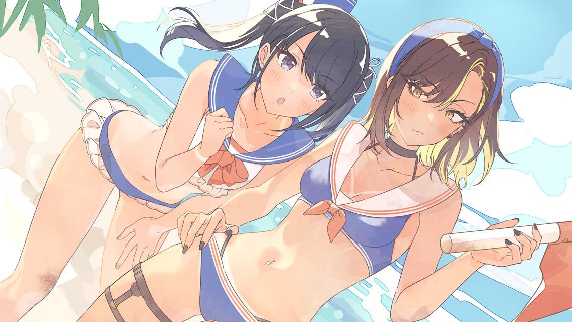 nonanonnon6u6, ikaruga luca, kazano hiori, idolmaster, idolmaster shiny colors, 2girls, :o, beach, bikini, black hair, black nails, blonde streaks, blue bikini, blue hairband, blue sailor collar, breasts, closed mouth, collarbone, day, dutch angle, fingernails, flag, frilled bikini, frills, grey eyes, hairband, holding, holding flag, medium hair, multicolored hair, multiple girls, nail polish, navel, navel piercing, outdoors, piercing, ponytail, sailor bikini, sailor collar, standing, streaked hair, swimsuit, white bikini, white sailor collar, yellow eyes