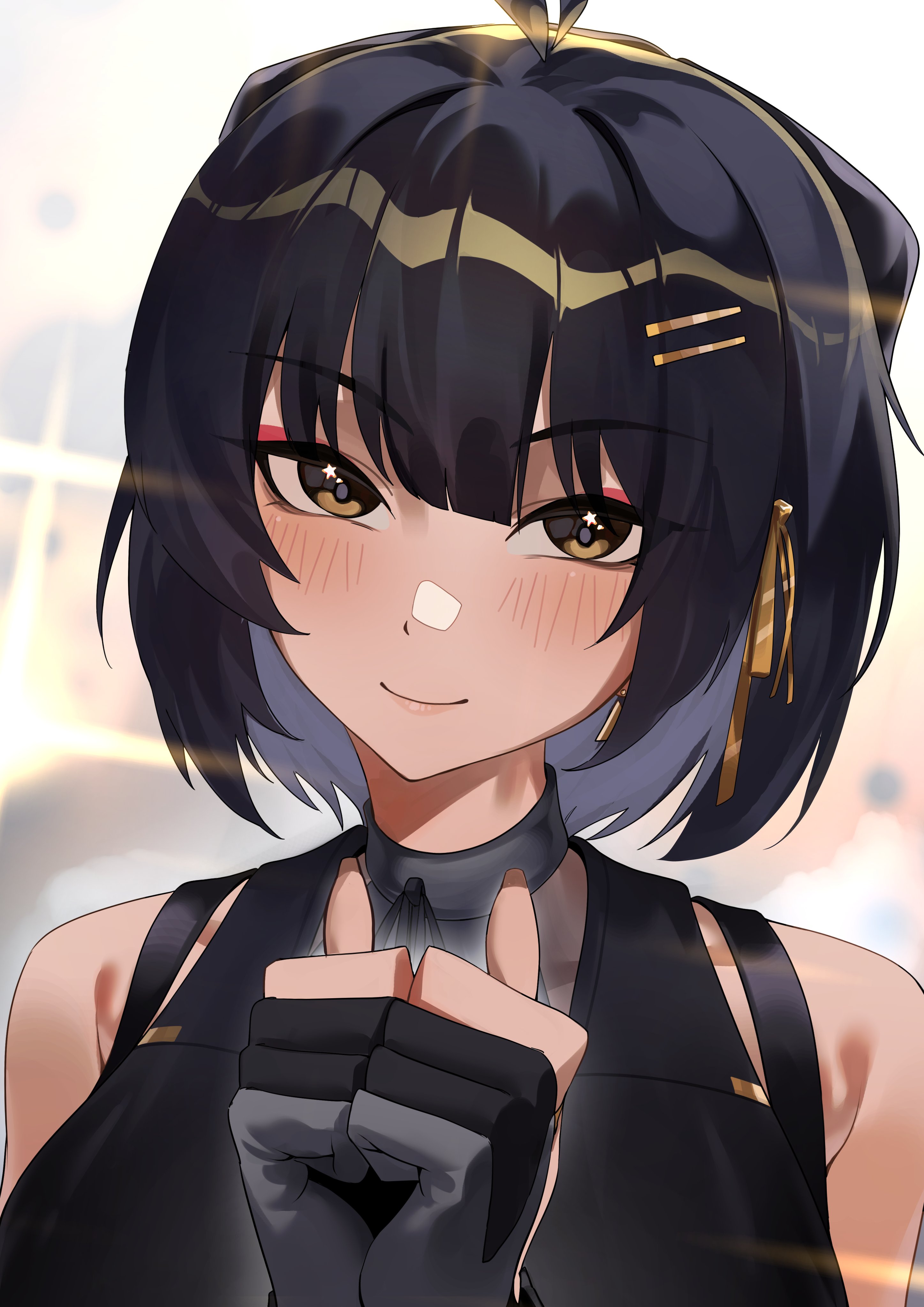 leppib, female rover (wuthering waves), rover (wuthering waves), wuthering waves, absurdres, commentary, english commentary, highres, 1girl, bare shoulders, black gloves, black hair, breasts, closed mouth, colored inner hair, fingernails, gloves, hair ornament, hair ribbon, hairclip, light blush, looking at viewer, medium breasts, multicolored hair, own hands together, parallel hairclips, partially fingerless gloves, portrait, ribbon, smile, solo, white hair, yellow eyes, yellow ribbon