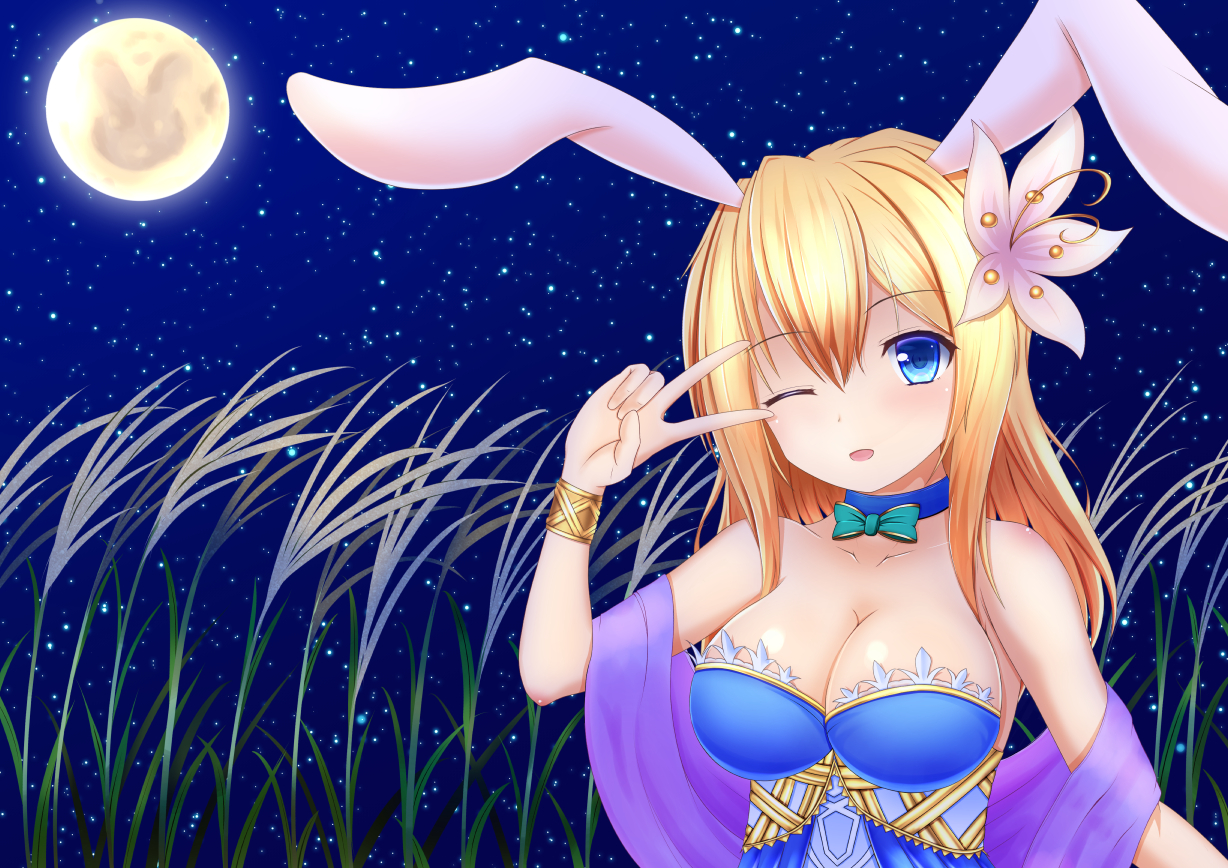aneten, le fay lore, emil chronicle online, 1girl, alternate costume, animal ears, blonde hair, blue choker, blue dress, blue eyes, breasts, choker, cleavage, dress, fake animal ears, flower, gold wrist cuffs, green ribbon, hair flower, hair ornament, large breasts, long hair, moon, night, night sky, one eye closed, open mouth, purple veil, rabbit ears, ribbon, ribbon choker, sky, solo, upper body, v, v over eye, veil