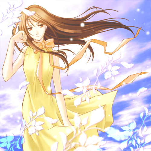 yuki tomo, mishima reika, rahxephon, lowres, 00s, bare shoulders, bow, brown hair, dress, long hair, red eyes, solo