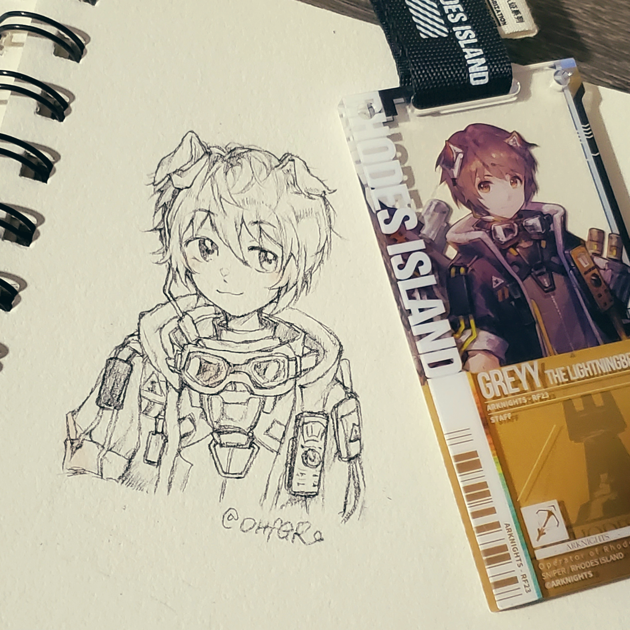 greyy (arknights), greyy the lightningbearer (arknights), arknights, absurdres, highres, 1boy, :3, animal ears, collar, collared coat, collared jacket, dog boy, dog ears, goggles, goggles around neck, jacket, sketch, smile, upper body