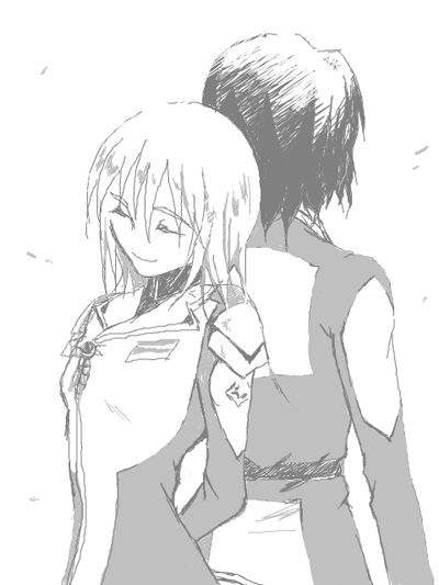 chizu (tuduru), athrun zala, cagalli yula athha, gundam, gundam seed, gundam seed destiny, bad id, bad pixiv id, 00s, 1boy, 1girl, back-to-back, bodysuit, closed eyes, greyscale, monochrome, simple background, upper body, white background
