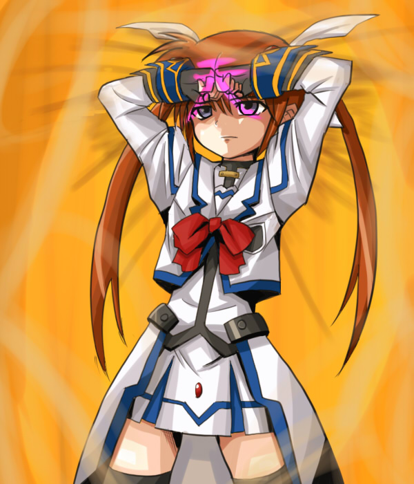 tarayama, takamachi nanoha, takamachi nanoha (aggressor mode), hades project zeorymer, lyrical nanoha, mahou shoujo lyrical nanoha, mahou shoujo lyrical nanoha a's, mahou shoujo lyrical nanoha strikers, 1girl, blue eyes, bow, brown eyes, brown hair, female focus, fingerless gloves, gloves, magical girl, parody, purple eyes, red bow, red hair, serious, solo, thighhighs, twintails, waist cape, white devil, zettai ryouiki