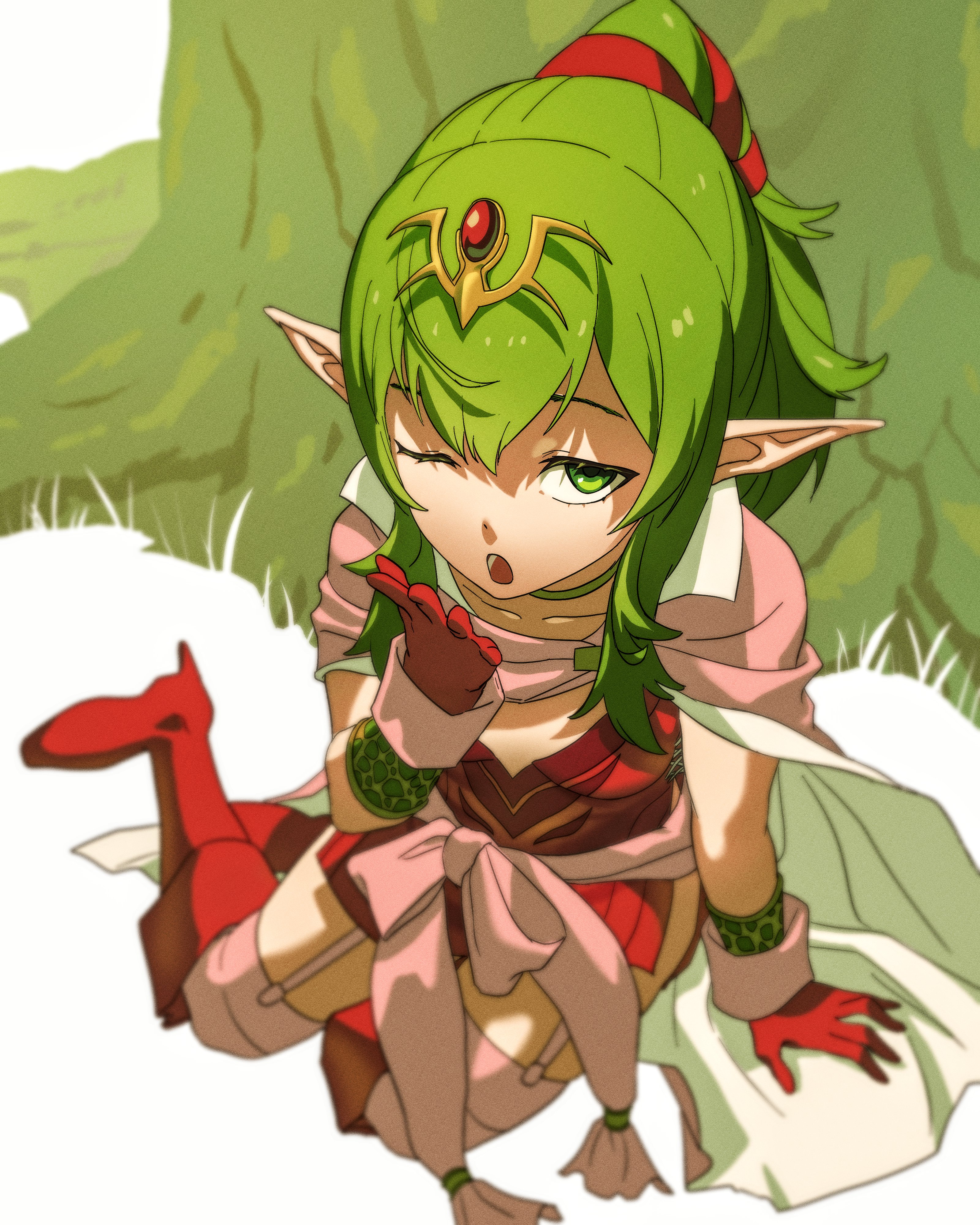 kwajia3, tiki (adult) (fire emblem), tiki (fire emblem), fire emblem, fire emblem awakening, nintendo, absurdres, highres, 1girl, ;o, boots, breasts, cape, covering own mouth, dress, from above, garter straps, gloves, green eyes, green hair, hair ornament, hair ribbon, long hair, looking at viewer, looking up, medium breasts, one eye closed, open mouth, outdoors, pink cape, pointy ears, ponytail, red boots, red dress, red gloves, ribbon, short dress, sitting, solo, thigh boots, thighhighs, tiara, tree, yawning, yokozuwari