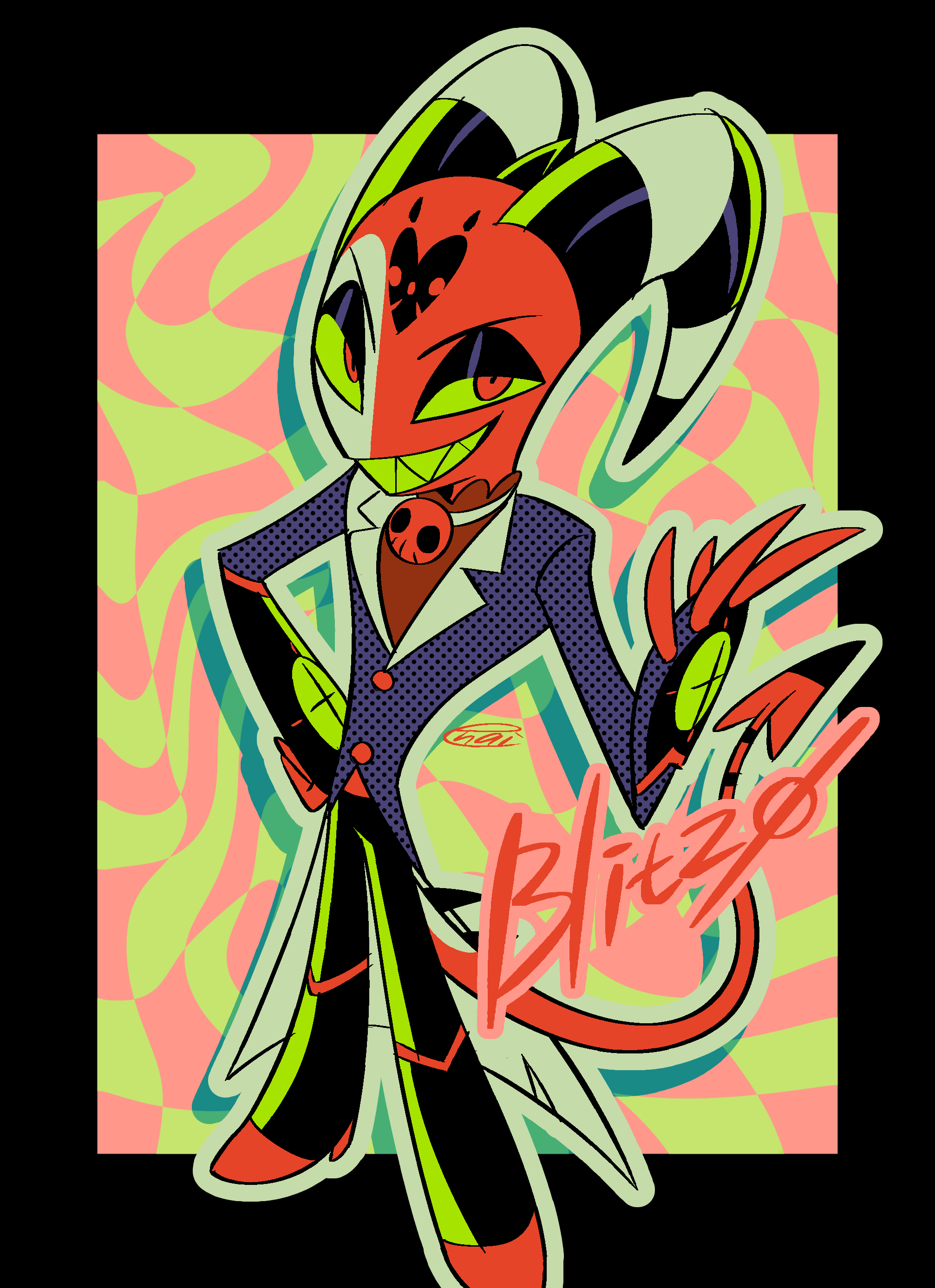 menma (enaic31), blitzo (helluva boss), hellaverse, helluva boss, absurdres, commentary request, highres, 1boy, :d, abstract background, black boots, black border, black eyeshadow, black horns, black pants, boots, border, buttons, character name, checkered background, coat, colored sclera, colored skin, colored teeth, demon boy, demon horns, demon tail, eyeshadow, fewer digits, from above, full body, grey coat, grey outline, grin, hand on own hip, hand up, horns, knee boots, lapels, long sleeves, makeup, male focus, multicolored horns, notched lapels, open mouth, outline, outside border, pants, pink background, red eyes, red shirt, red skin, red tail, sharp teeth, shirt, signature, simple background, smile, solo, standing, striped horns, tail, teeth, two-tone background, two-tone horns, v-shaped eyebrows, white horns, yellow background, yellow sclera, yellow teeth