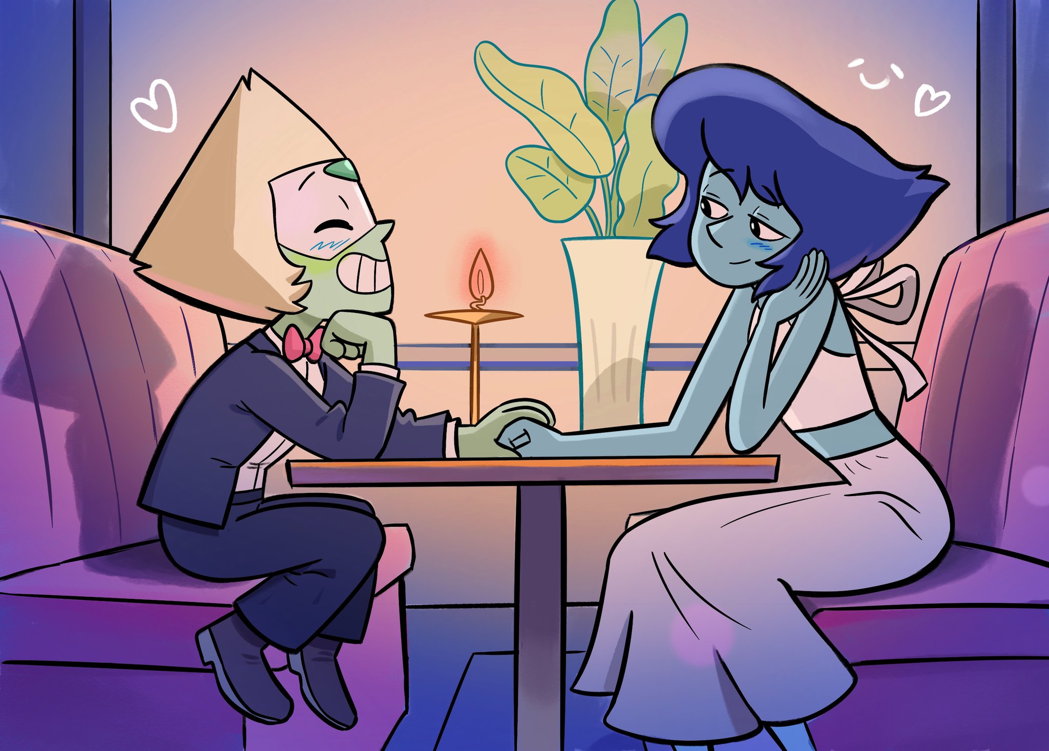lapis lazuli (steven universe), peridot (steven universe), steven universe, highres, 2girls, alternate costume, black shoes, black suit, blonde hair, blue hair, blue skin, blush, bow, bowtie, candlelight, closed eyes, closed mouth, colored skin, crop top, forehead jewel, formal clothes, green skin, grin, head rest, heart, long skirt, midriff, multiple girls, pant suit, pants, red bow, red bowtie, restaurant, shirt, shoes, short hair, sitting, skirt, smile, starsloth00, suit, white shirt, white skirt, yuri