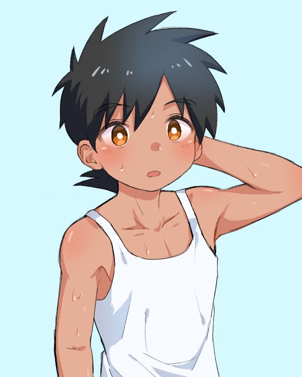 kimura b, original, bad id, bad twitter id, commentary, 1boy, arm behind head, bare shoulders, black hair, blush, brown eyes, male focus, open mouth, short hair, solo, sweat, tan, tank top, white tank top
