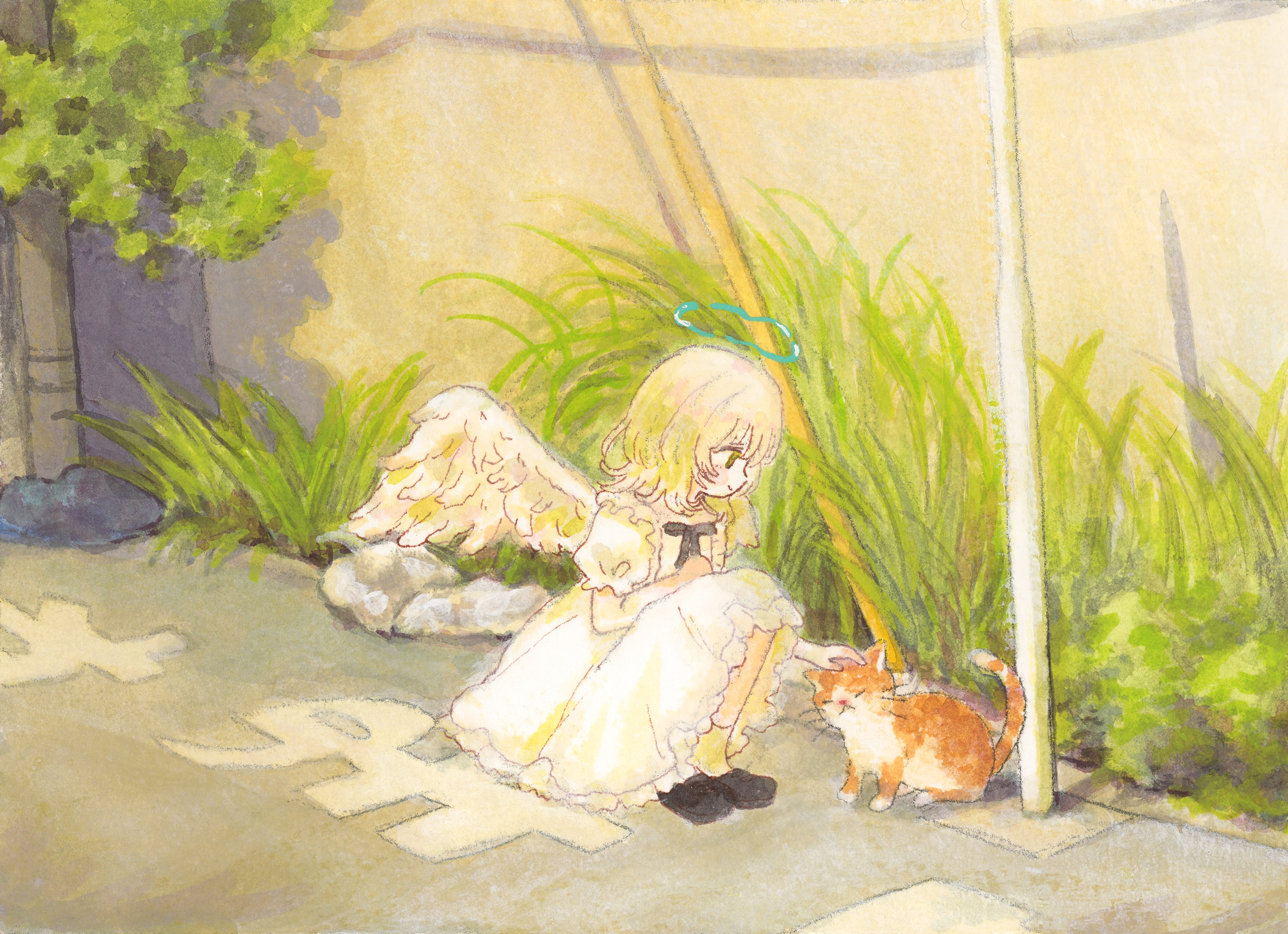 sasami (shiroi fuwafuwa), original, acrylic paint (medium), commentary request, highres, painting (medium), traditional media, 1girl, angel, angel wings, ankle socks, black ribbon, black shoes, blonde hair, blue halo, blush stickers, cat, day, dress, feathered wings, frilled dress, frills, full body, grass, green eyes, halo, hand on own leg, kneeling, lamppost, loafers, long hair, looking at animal, medium dress, neck ribbon, outdoors, petting, red cat, ribbon, road, shoes, short sleeves, smile, socks, solo, street, wavy hair, white dress, white socks, white wings, wings