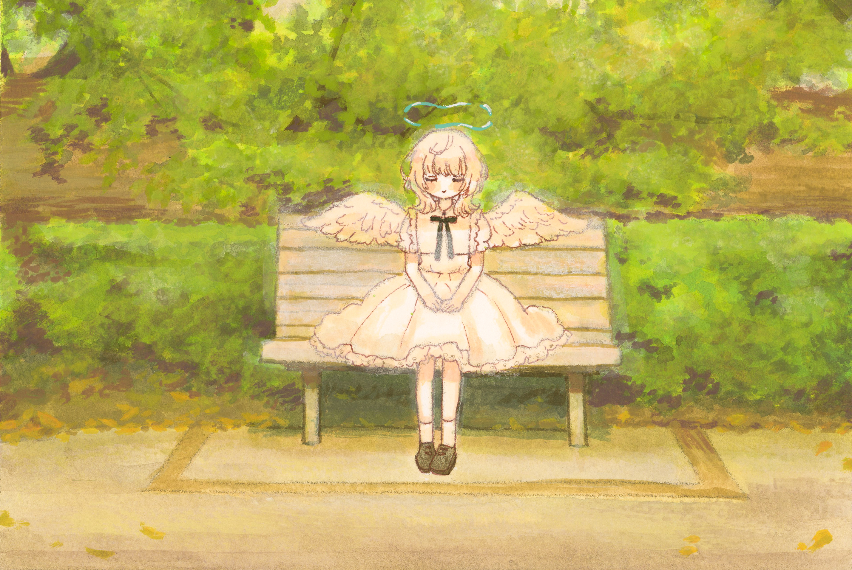 sasami (shiroi fuwafuwa), original, acrylic paint (medium), commentary request, highres, painting (medium), traditional media, 1girl, angel, angel wings, ankle socks, black shoes, blonde hair, blue halo, blush stickers, closed eyes, day, dress, feathered wings, frilled dress, frills, full body, halo, hands on own leg, hedge, loafers, long hair, medium dress, on bench, outdoors, shoes, short sleeves, sitting, smile, socks, solo, tree, wavy hair, white dress, white socks, white wings, wings