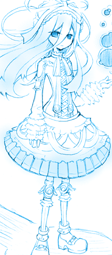 aina (.hack//), aina (.hack//g.u.), .hack//, .hack//g.u., .hack//roots, bandai, cyber connect 2, lowres, 00s, 1girl, blue theme, dress, female focus, gothic lolita, hat, lolita fashion, long hair, monochrome, ribbon, short dress, solo, wind