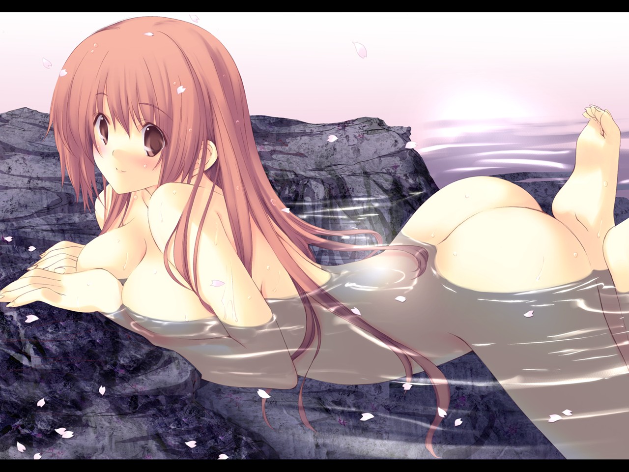 iizuki tasuku, kasumi (doa), dead or alive, tecmo, 1girl, ass, barefoot, breasts, cleavage, feet, female focus, letterboxed, nude, soles, solo, toe scrunch, toes