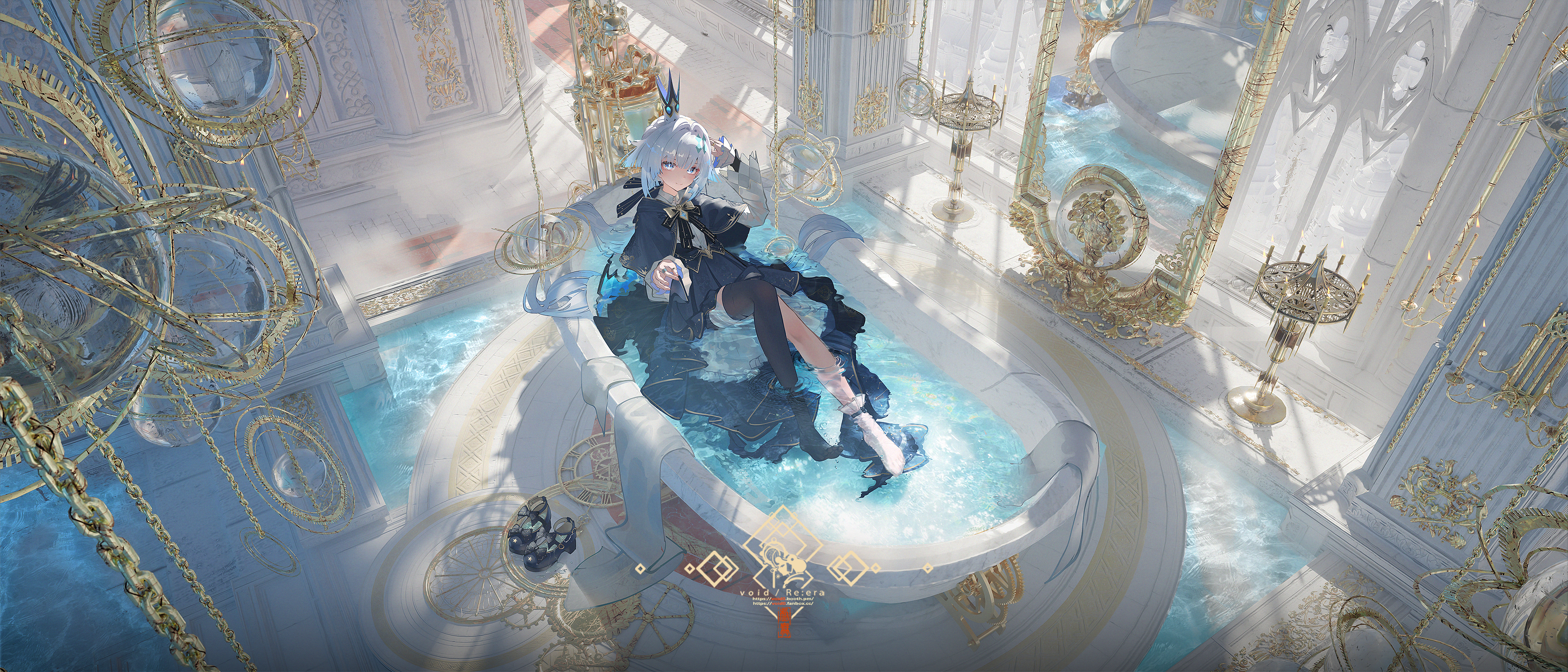 void 0, cerydra (honkai: star rail), honkai: star rail, honkai (series), absurdres, commentary, english commentary, highres, paid reward available, 1girl, alternate costume, artist logo, artist name, asymmetrical footwear, bathtub, blue dress, blue eyes, blue hair, candelabra, candle, candlestand, closed mouth, clothed bath, crown, diamond-shaped pupils, diamond (shape), dress, fire, from above, hair spread out, hand up, indoors, knee up, logo, long hair, long sleeves, looking at viewer, mini crown, mirror, partially submerged, petticoat, reflection, shoes, single thighhigh, solo, symbol-shaped pupils, thighhighs, uneven footwear, unworn shoes, very long hair, window, window shadow