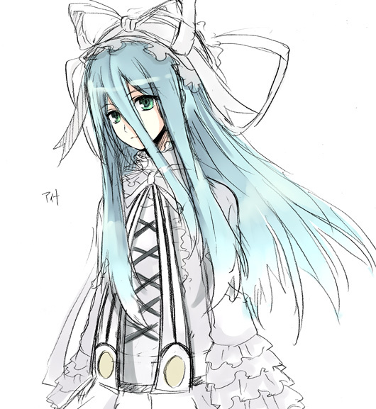 aoi tsuki hasu, aina (.hack//), aina (.hack//g.u.), .hack//, .hack//g.u., .hack//roots, bandai, cyber connect 2, 00s, 1girl, blue hair, female focus, frills, gathers, gothic lolita, green eyes, hat, lolita fashion, long hair, ribbon, solo